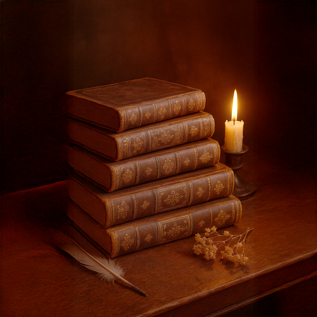 Montón de libros a la luz de las velas