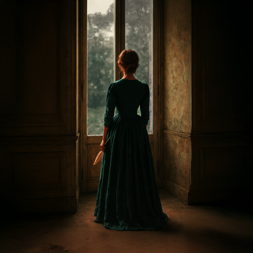 Mujer victoriana mirando por la ventana